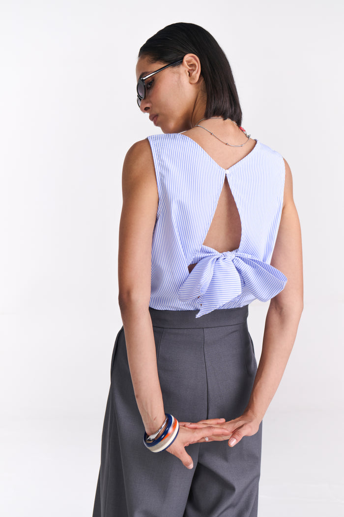 Blue Pinstripe Top with Open Back Tie Detail