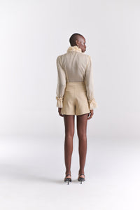 Beige Victorian Chiffon Blouse (Full Sleeves) With Ruffles And Bow Detail