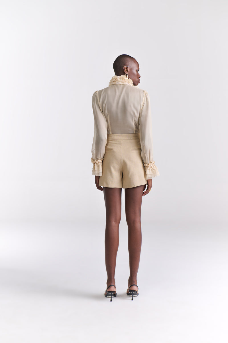 Beige Victorian Chiffon Blouse (Full Sleeves) With Ruffles And Bow Detail