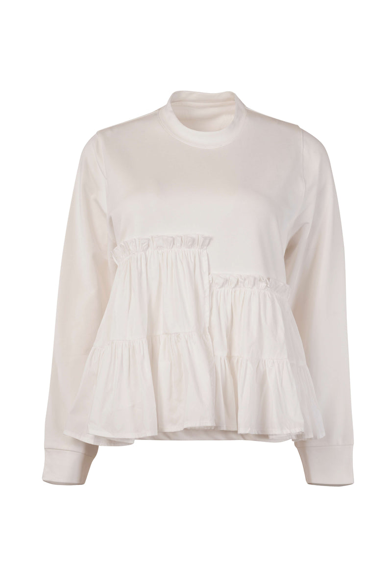 White Knit Top with Assymetric Ruffle Detail