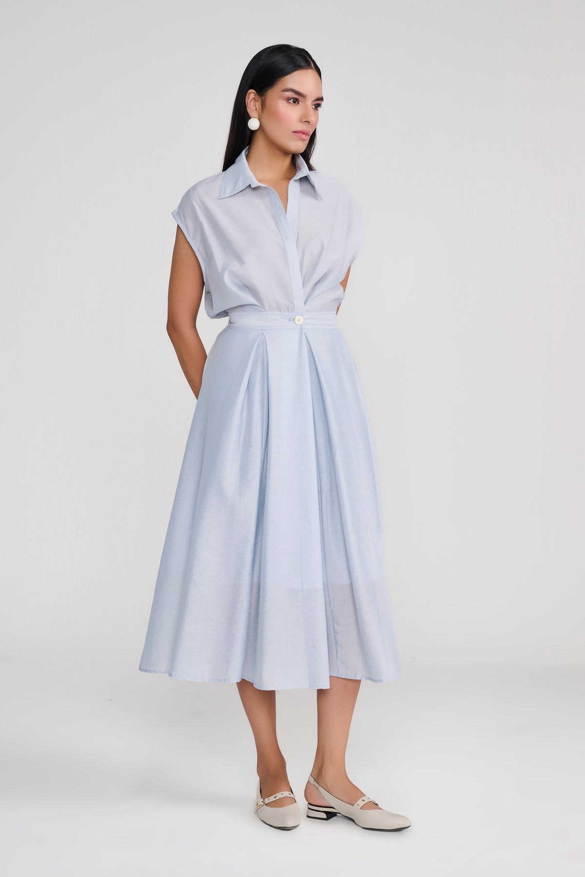 Blue Silk Finish Midi A Line dress