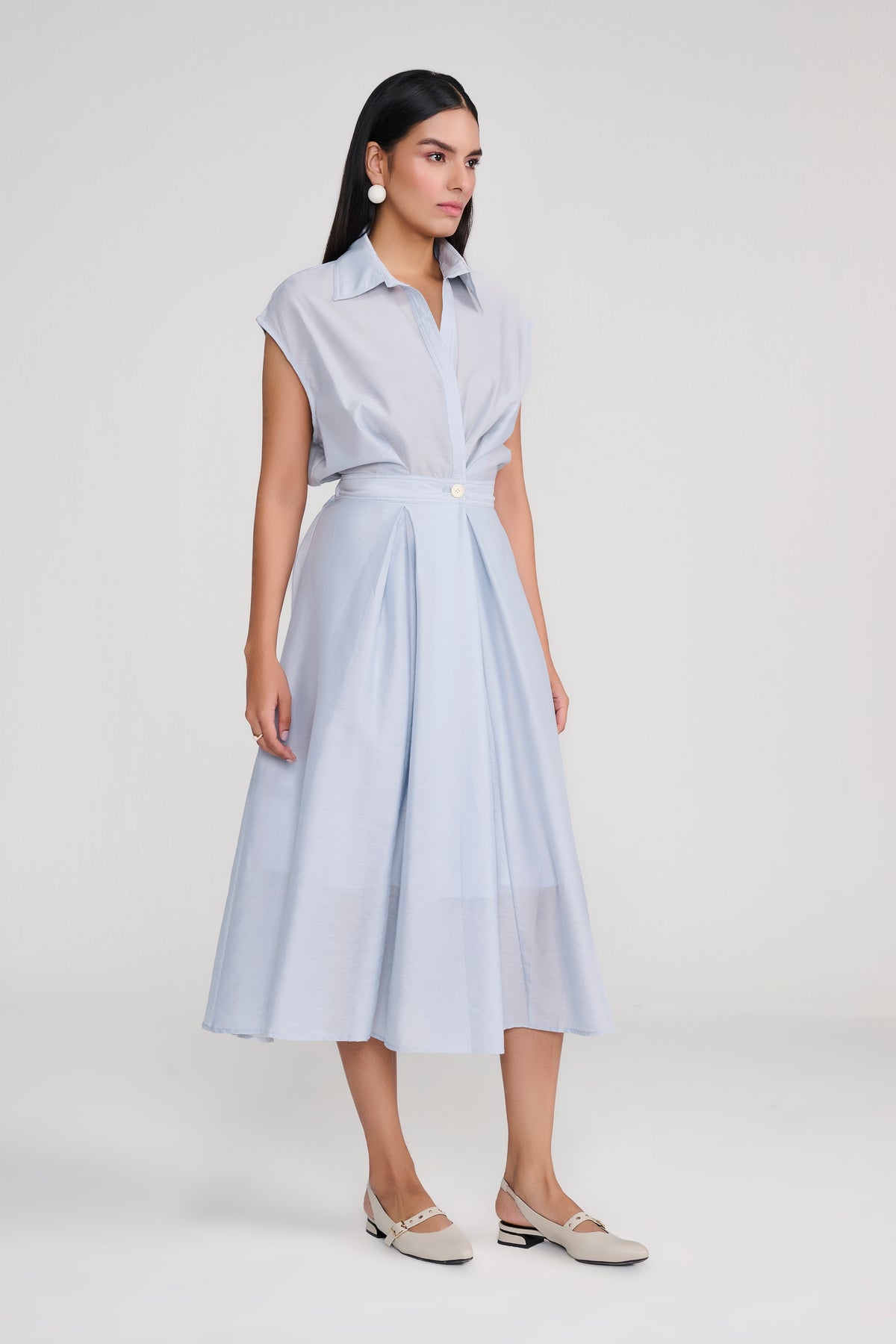Blue Silk Finish Midi A Line dress