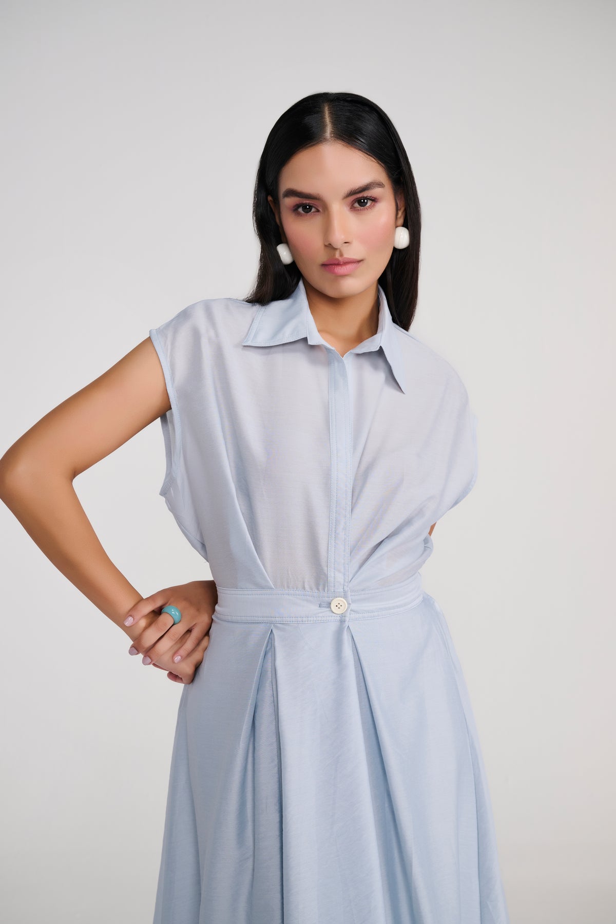 Blue Silk Finish Midi A Line dress