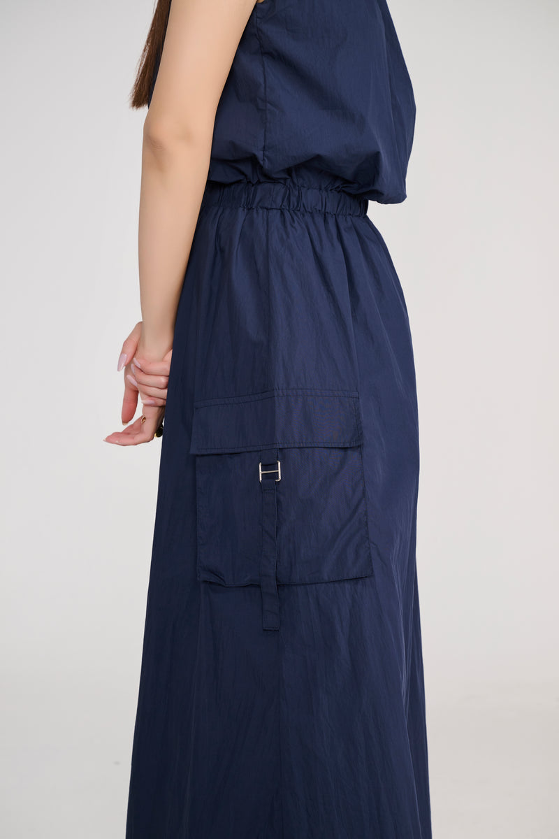 Navy Blue Sleeveless Parachute Midi Dress