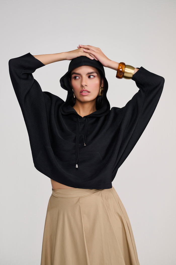 Black Heat-Pleated Hoodie