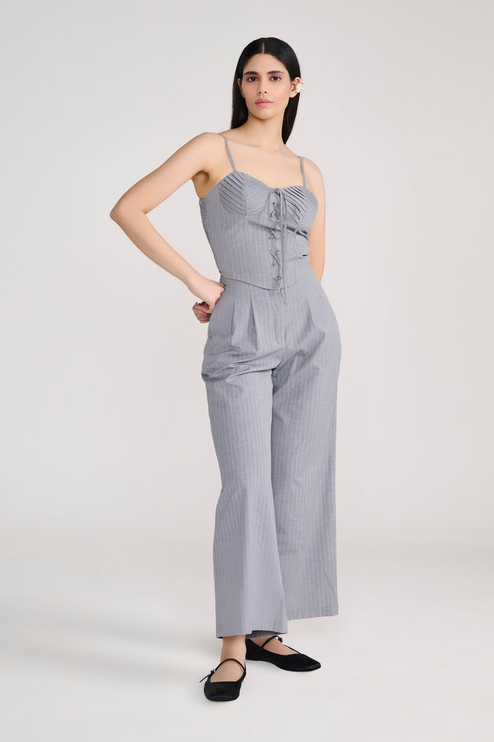 Grey lace up corset pinstripe coord with flare pants