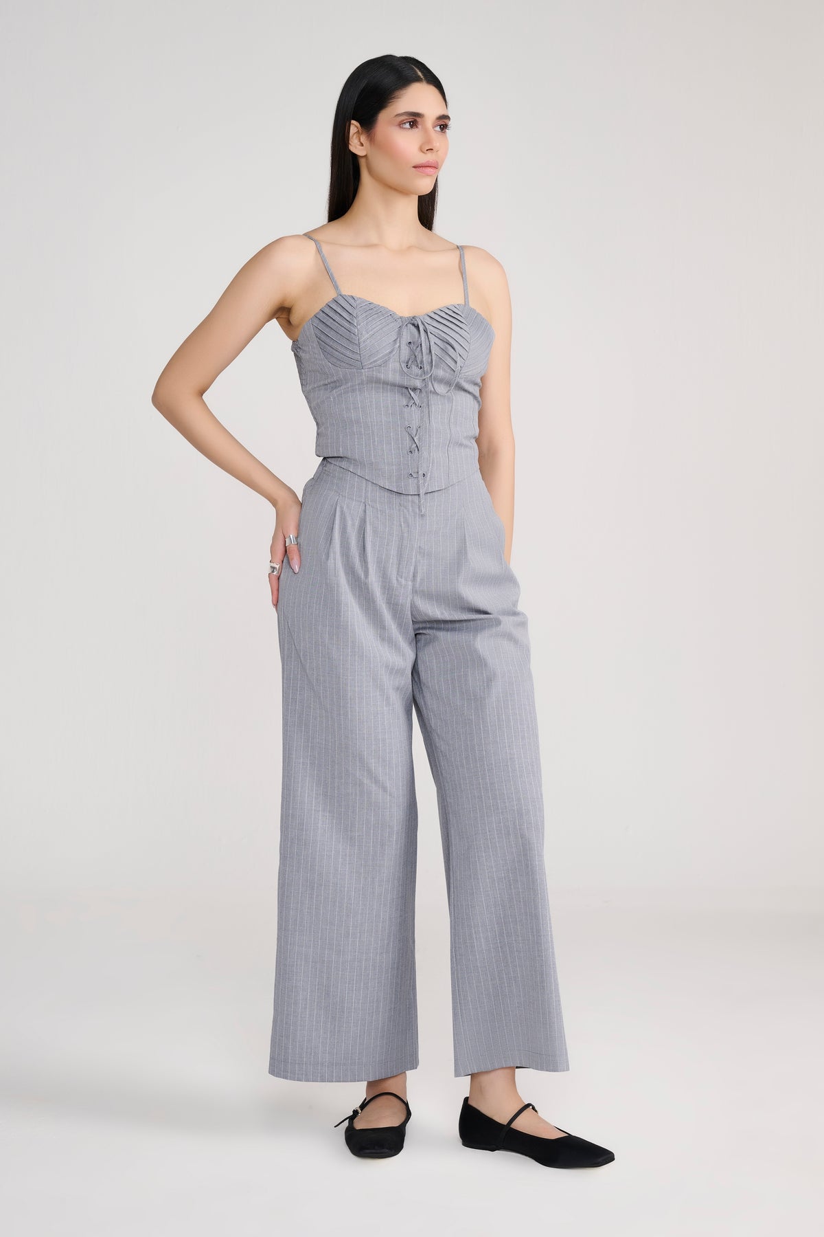 Grey lace up corset pinstripe coord with flare pants
