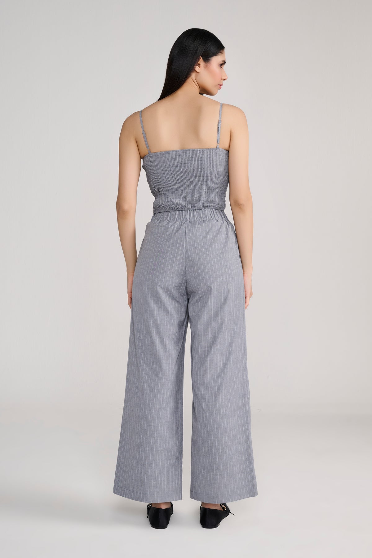 Grey lace up corset pinstripe coord with flare pants