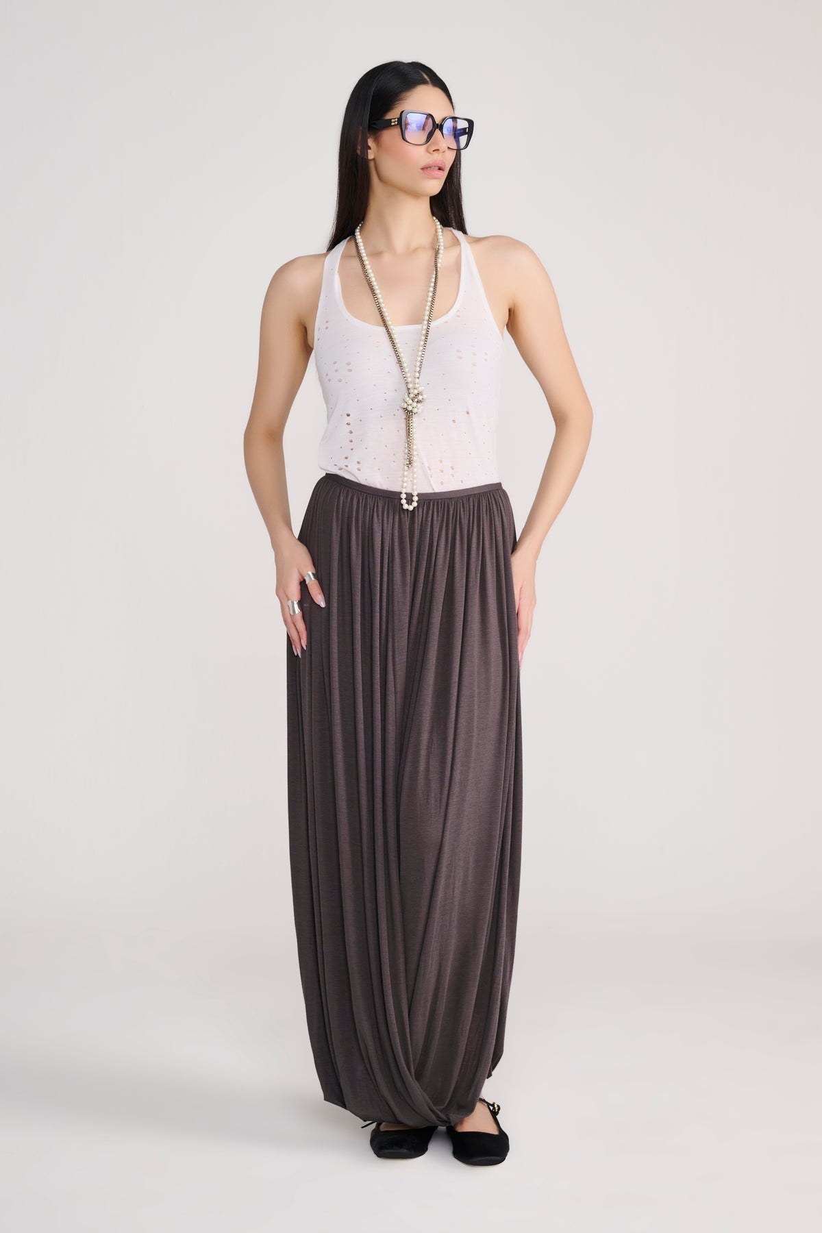 Grey Drape Harem Style Long Skirt