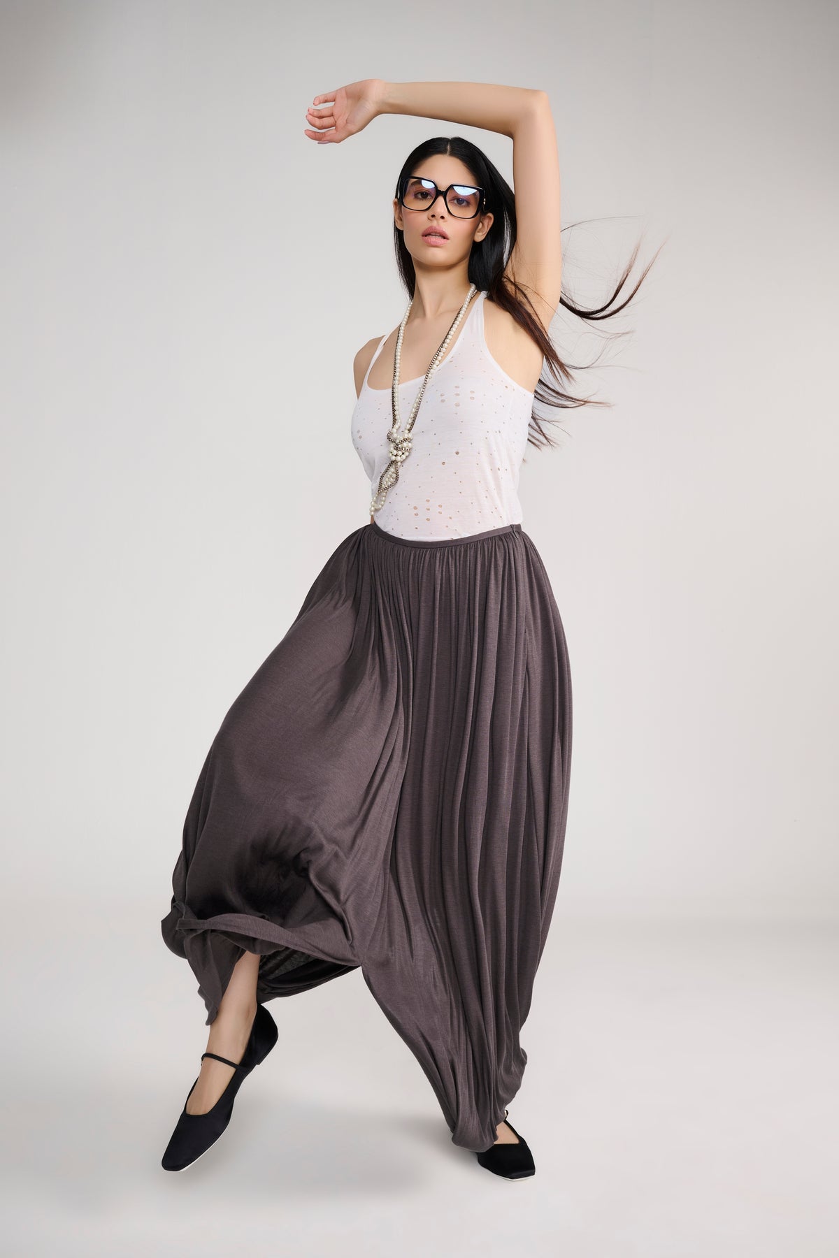 Grey Drape Harem Style Long Skirt