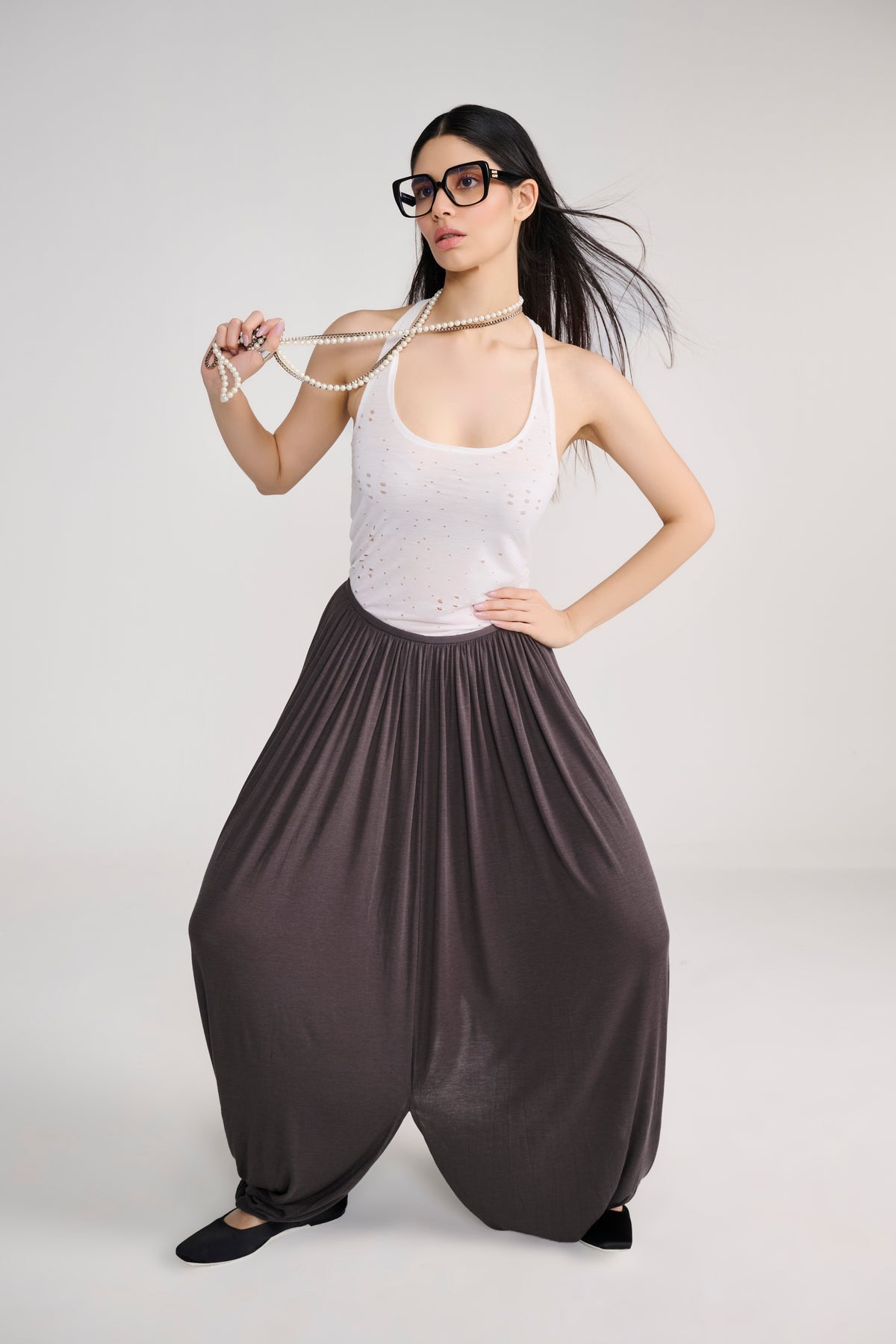 Grey Drape Harem Style Long Skirt