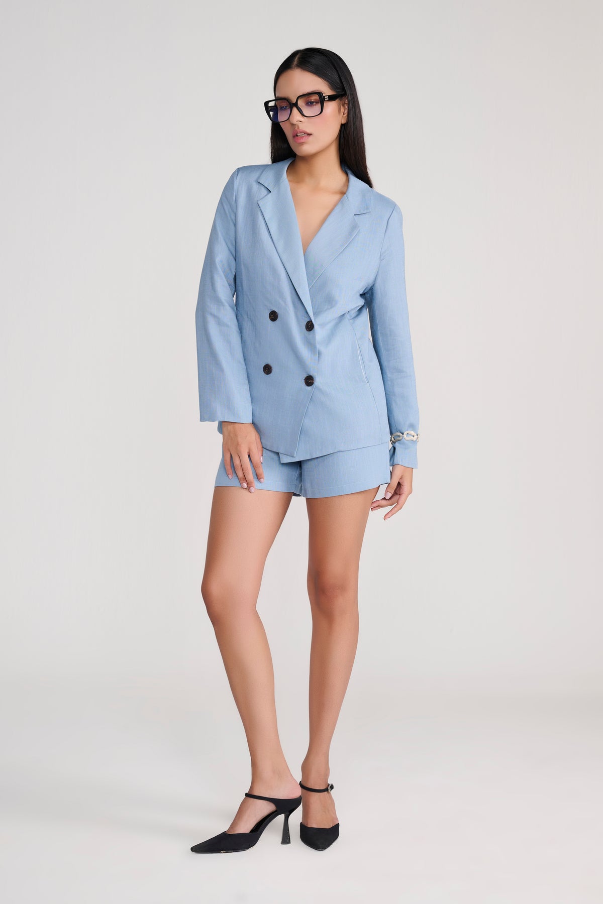 Blue Linen Jacket With Shorts Coordinate Set