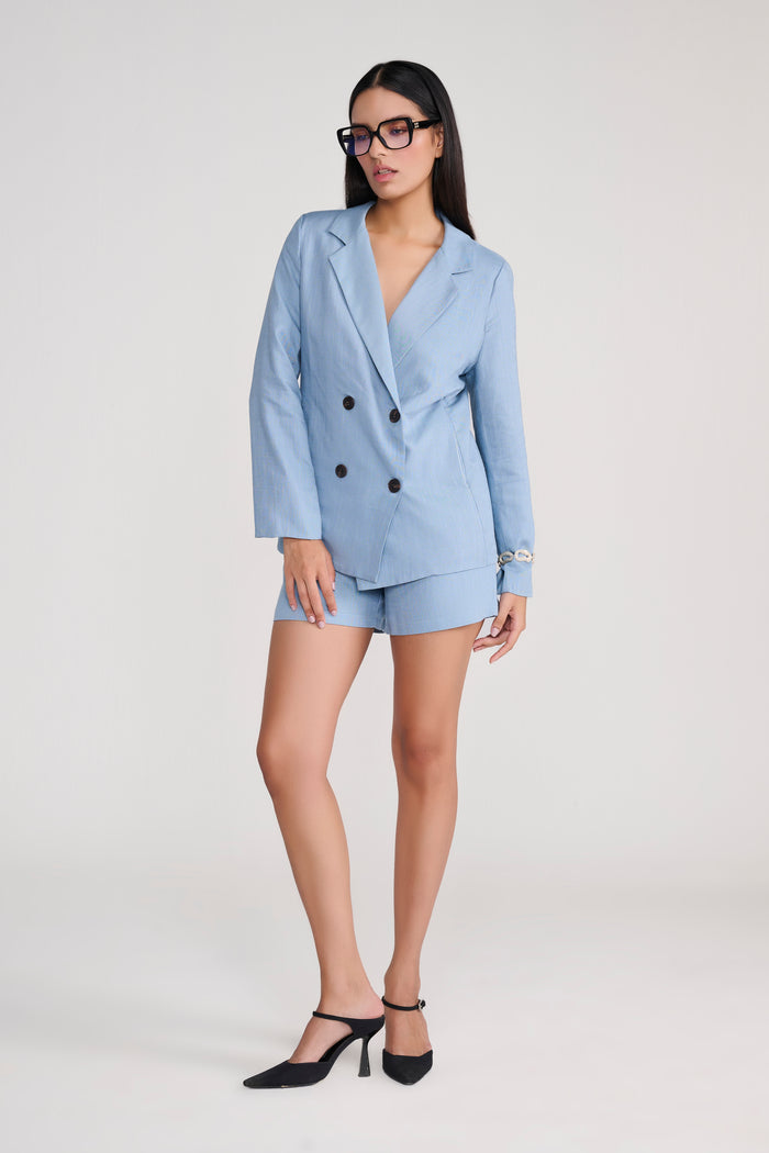 Blue Linen Jacket With Shorts Coordinate Set