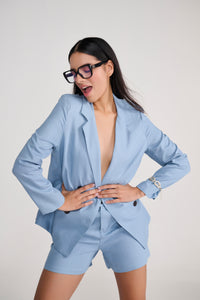 Blue Linen Jacket With Shorts Coordinate Set