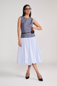 Grey Sleeveless tailored top with blue balloon bottom midi dress