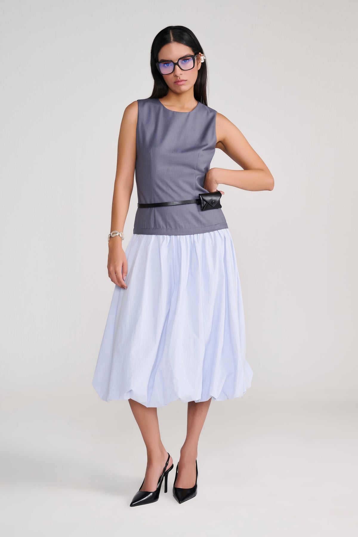 Grey Sleeveless tailored top with blue balloon bottom midi dress