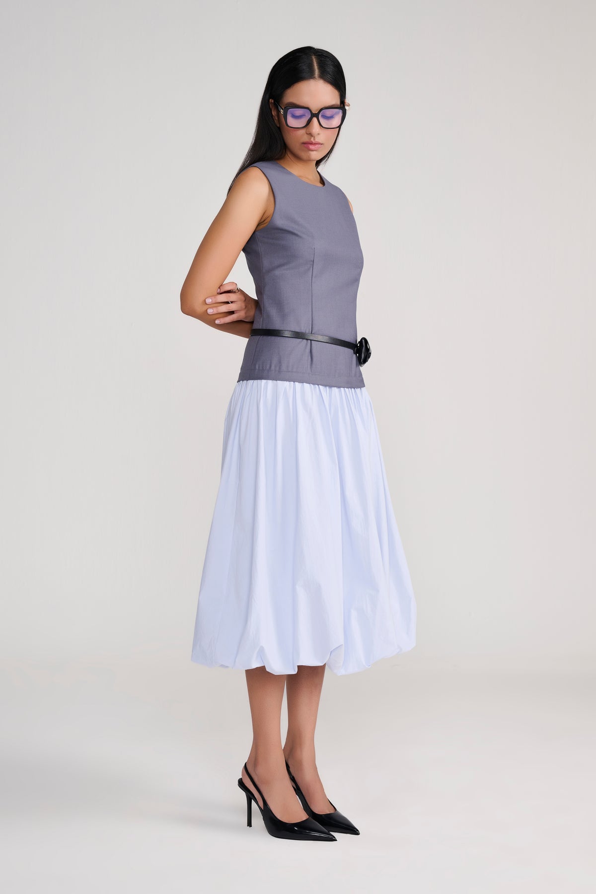 Grey Sleeveless tailored top with blue balloon bottom midi dress