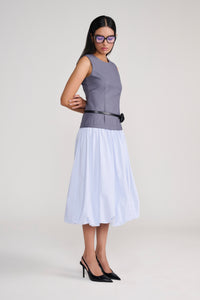 Grey Sleeveless tailored top with blue balloon bottom midi dress
