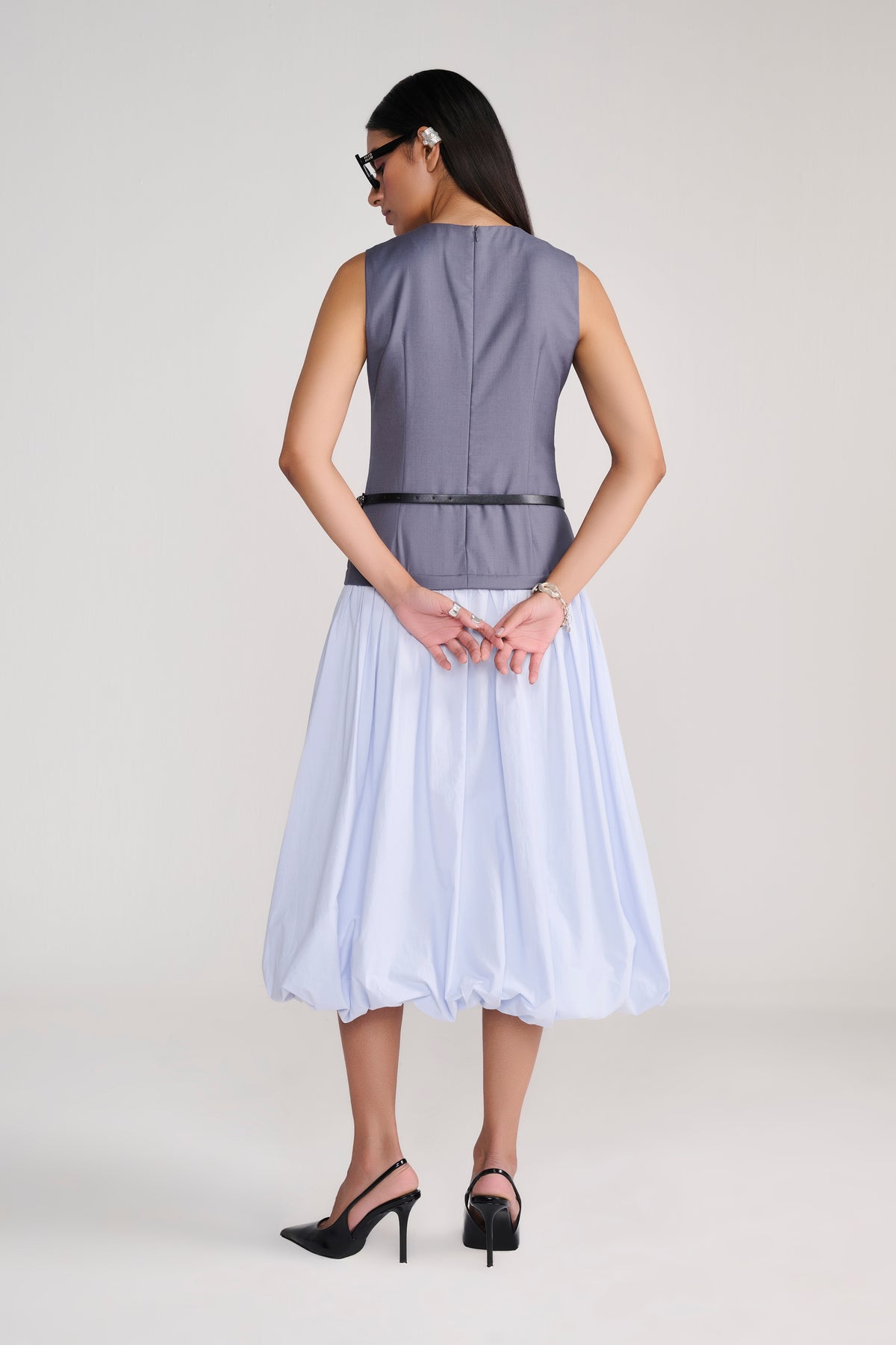 Grey Sleeveless tailored top with blue balloon bottom midi dress