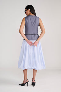 Grey Sleeveless tailored top with blue balloon bottom midi dress