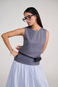 Grey Sleeveless tailored top with blue balloon bottom midi dress
