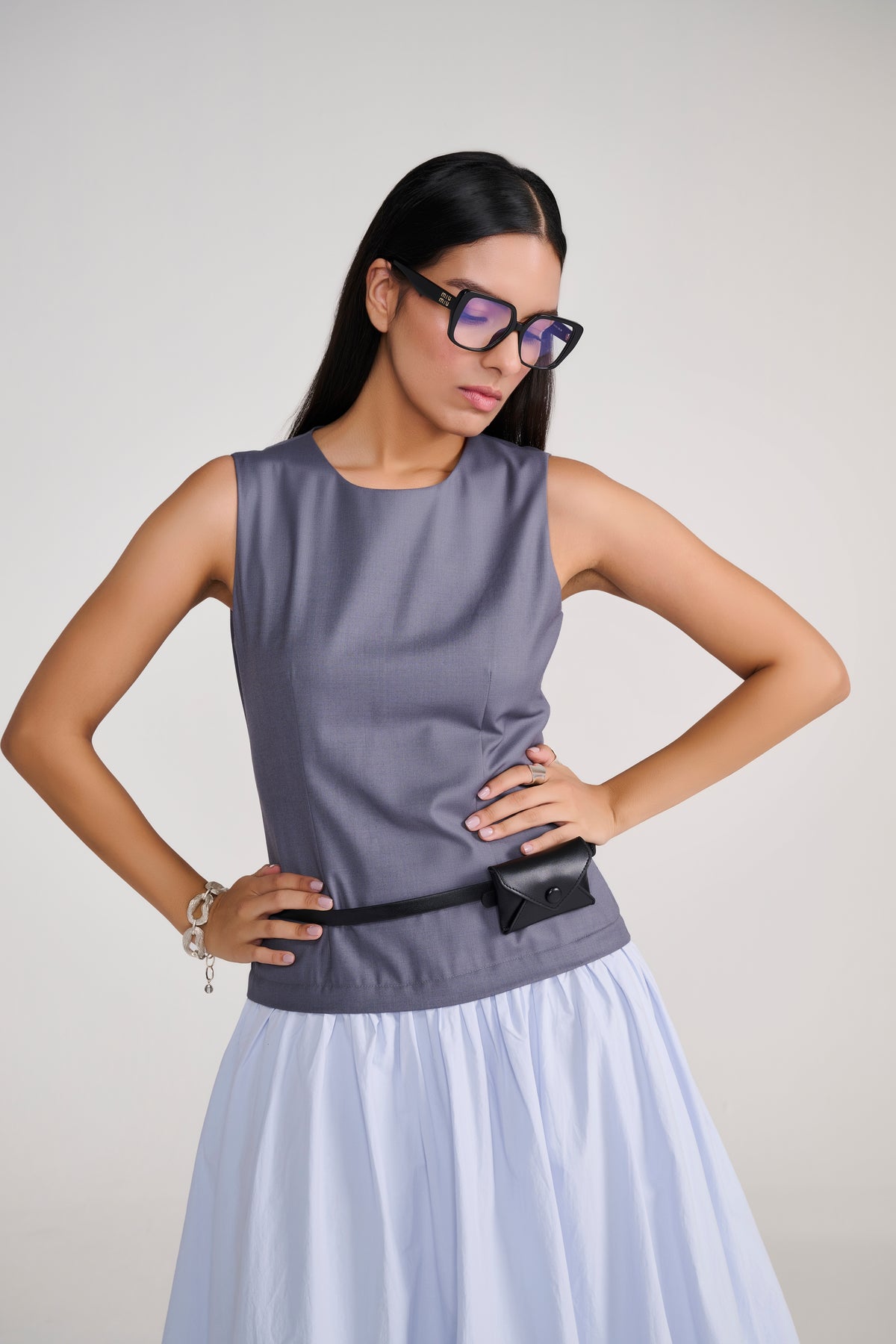 Grey Sleeveless tailored top with blue balloon bottom midi dress