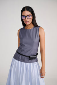 Grey Sleeveless tailored top with blue balloon bottom midi dress