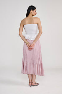 White Smocked Tube Top With Sculpted Ruffle Hem