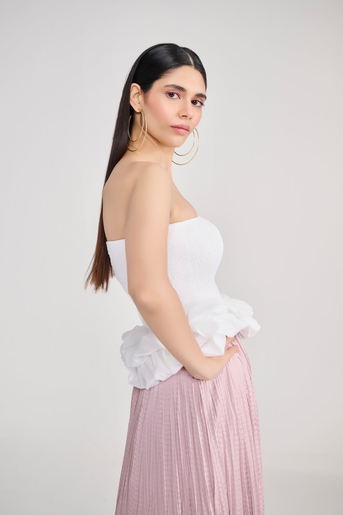 White Smocked Tube Top With Sculpted Ruffle Hem