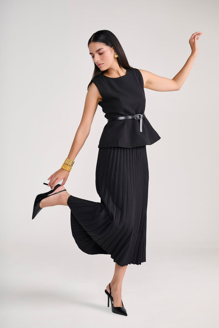 Tailored Black Pleated Long Skirt with Peplum Top & belt