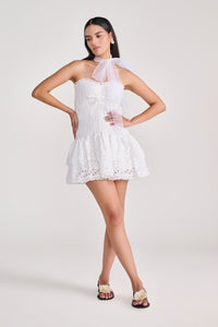 White Strapless Eyelet Mini Dress With Tiered Bottom