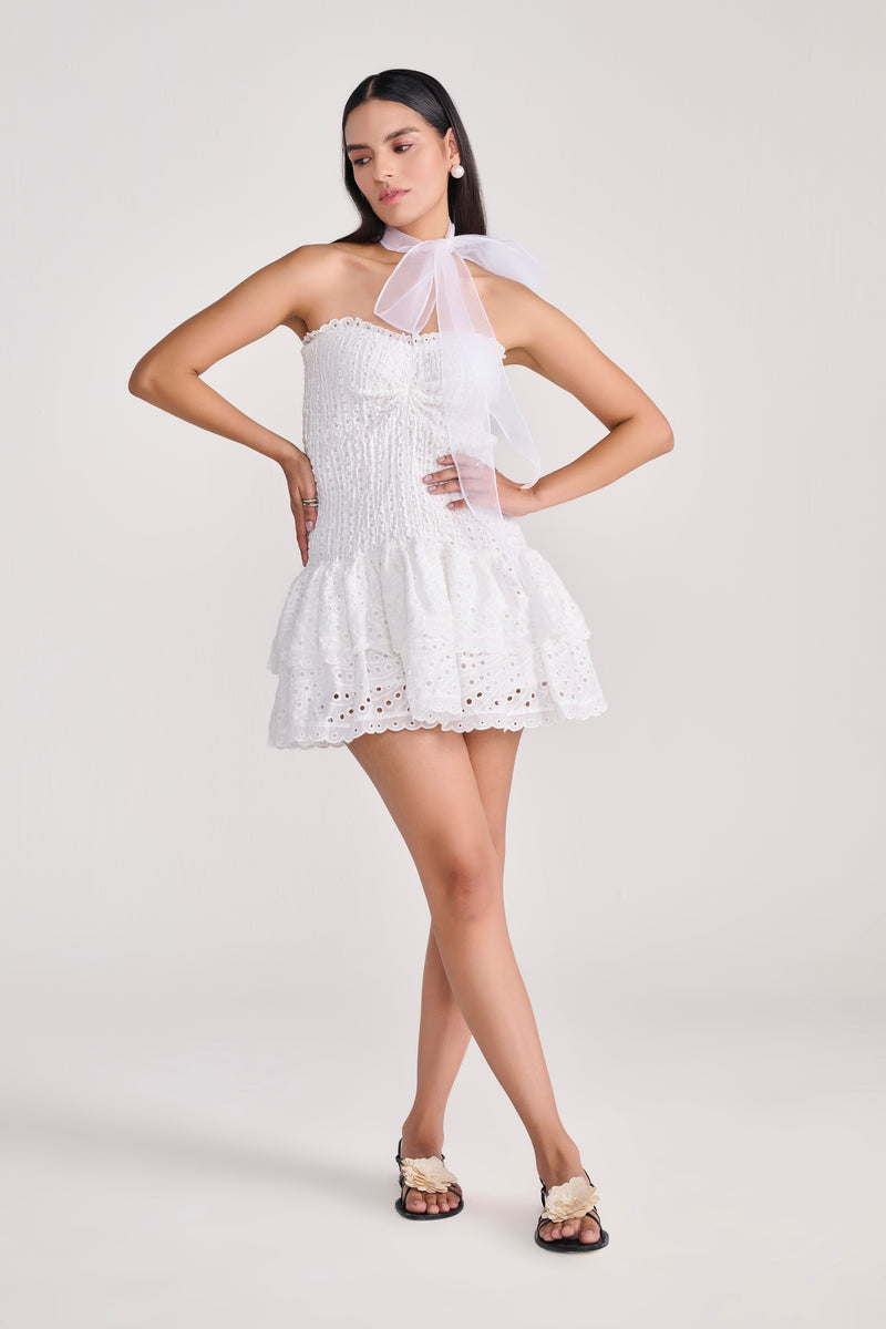 White Strapless Eyelet Mini Dress With Tiered Bottom