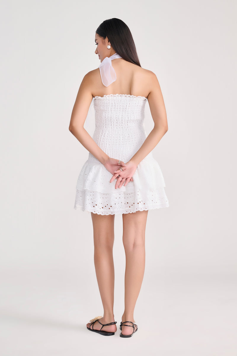 White Strapless Eyelet Mini Dress With Tiered Bottom