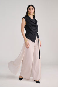 Black Silk Cowl Top With Side-Tie Detail