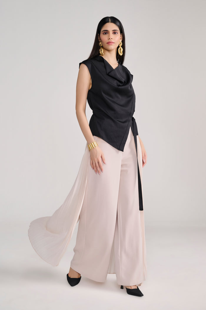 Black Silk Cowl Top With Side-Tie Detail