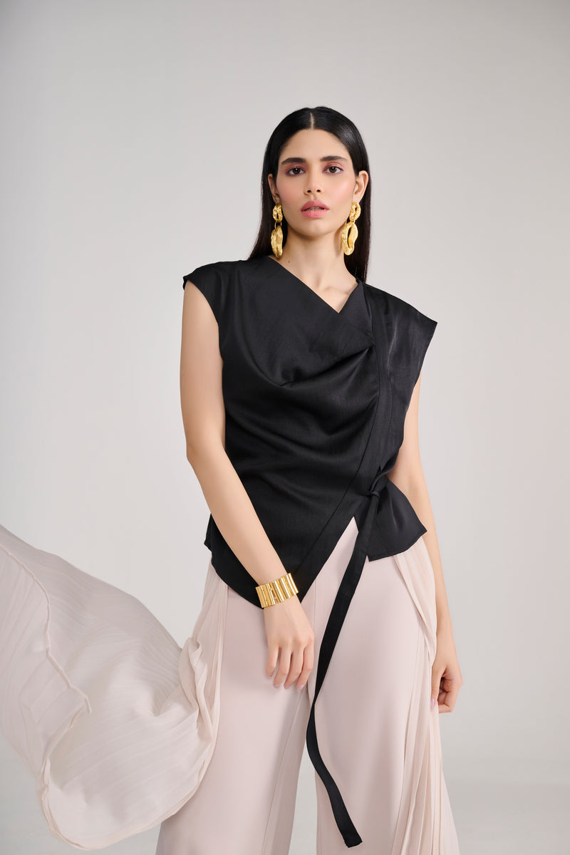 Black Silk Cowl Top With Side-Tie Detail