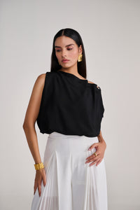 Black Sleeveless Balloon Top With Tie-Up Detail At Neck