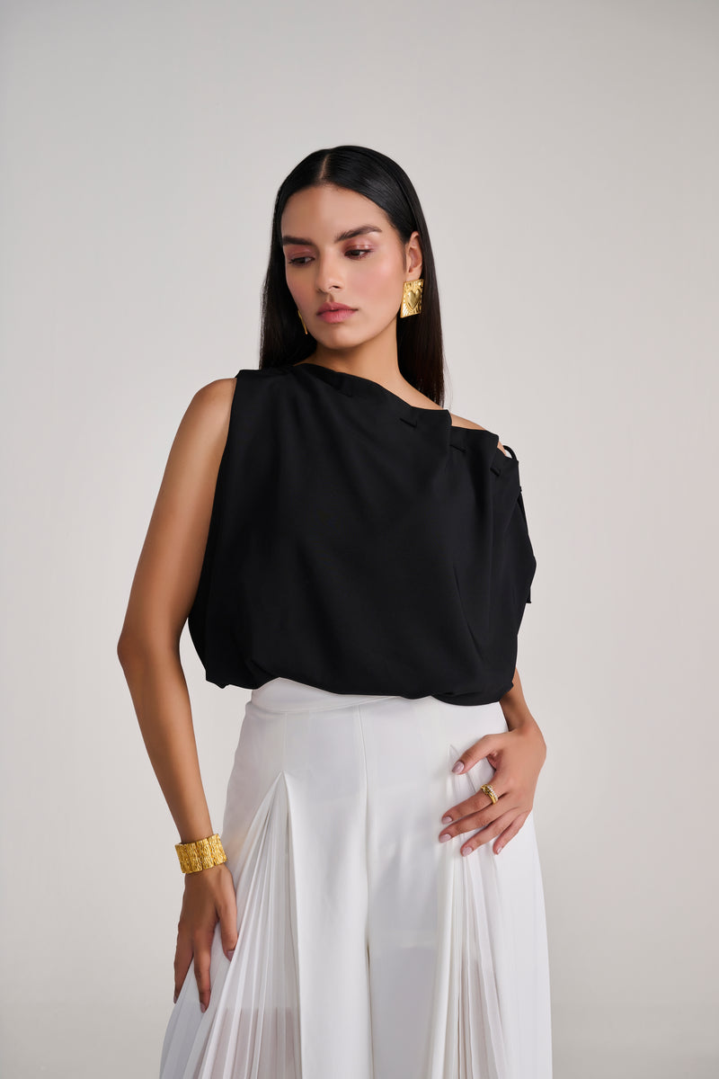 Black Sleeveless Balloon Top With Tie-Up Detail At Neck