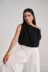 Black Sleeveless Balloon Top With Tie-Up Detail At Neck