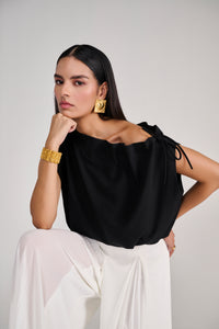 Black Sleeveless Balloon Top With Tie-Up Detail At Neck