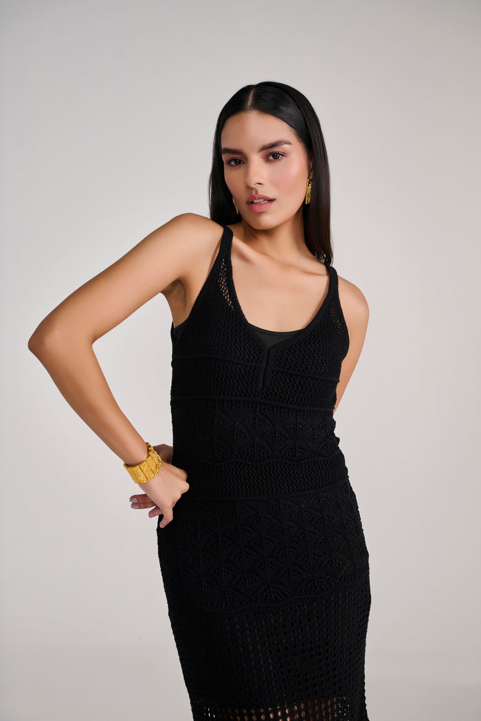 Black Knit Crochet Midi With Slip