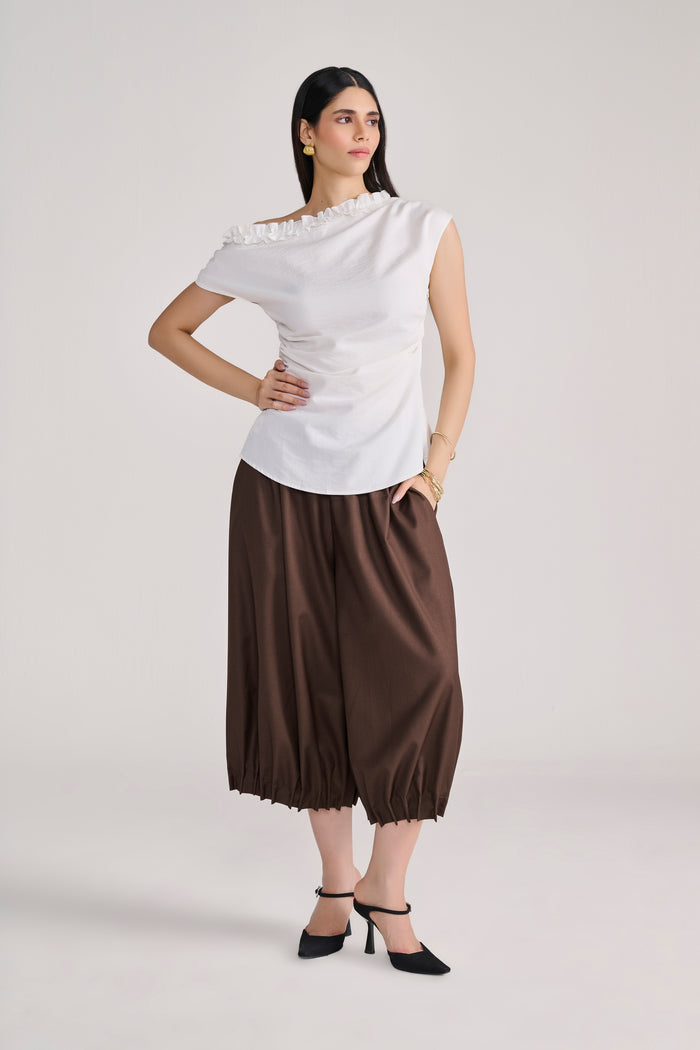 Brown Cropped Pants with Pintuck Hemline (Relaxed fIt)