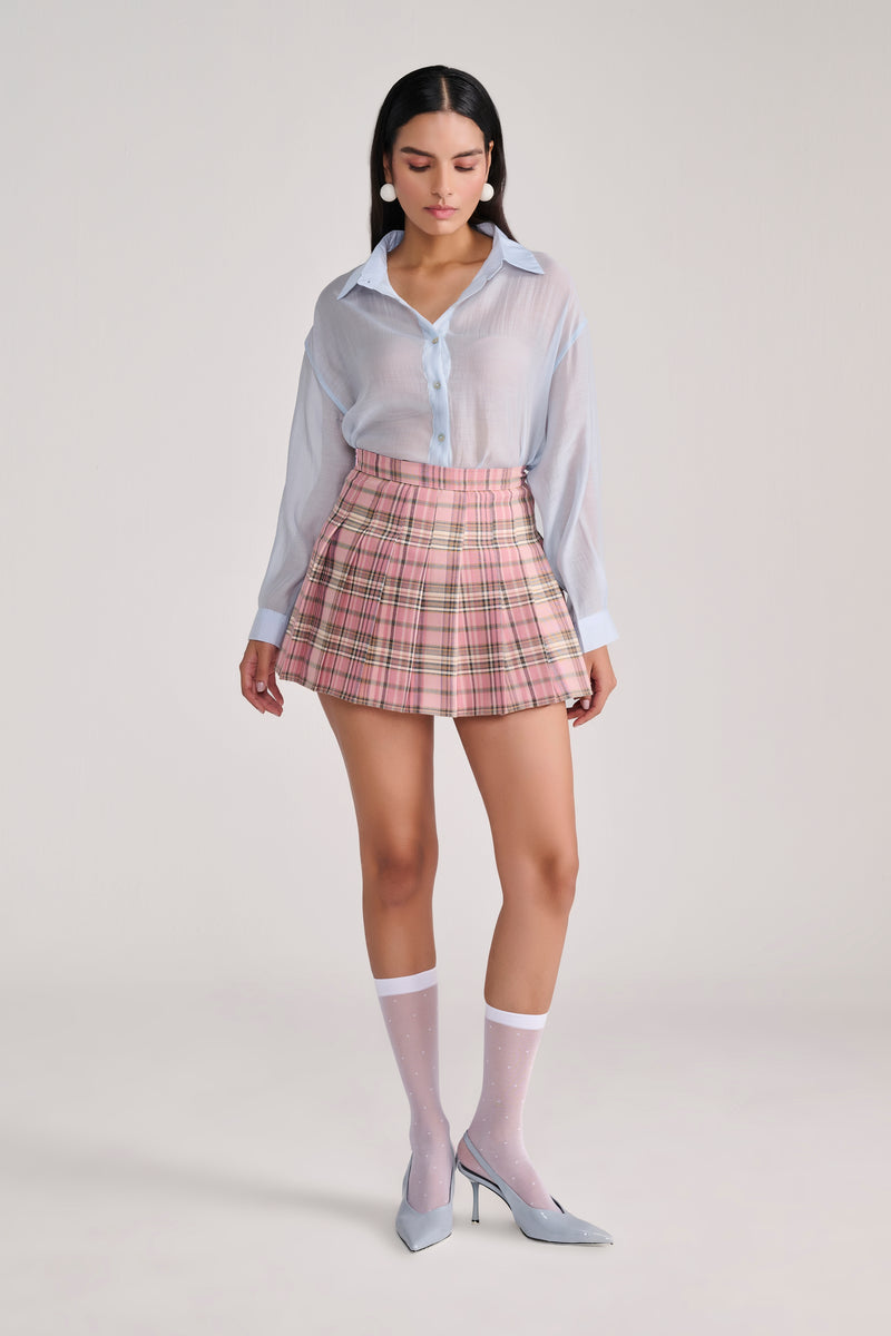 Pink Plaid Pleated Mini Skirt
