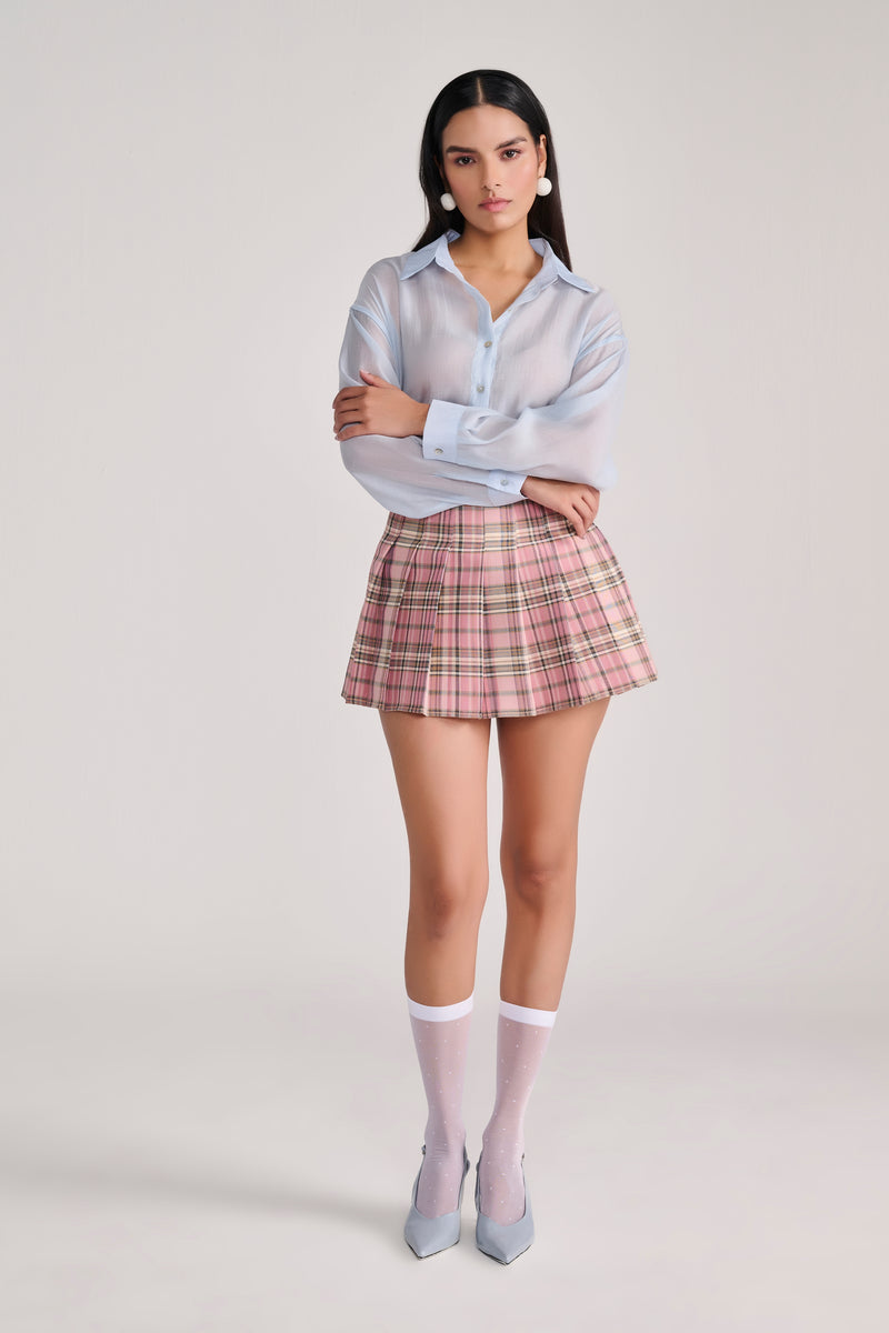 Pink Plaid Pleated Mini Skirt