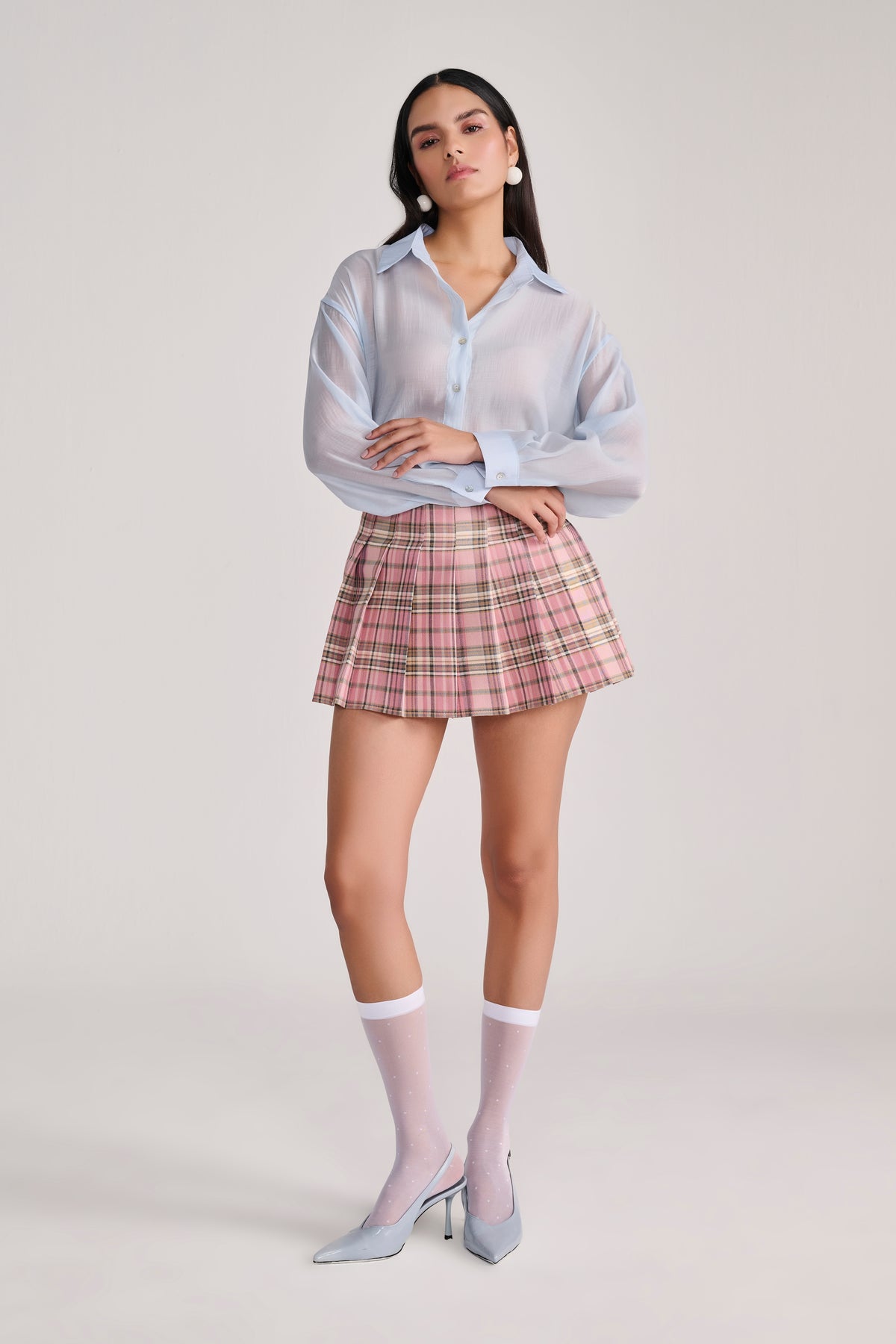 Powder Blue Silky Semi-Sheer Shirt with Button Detail in Back