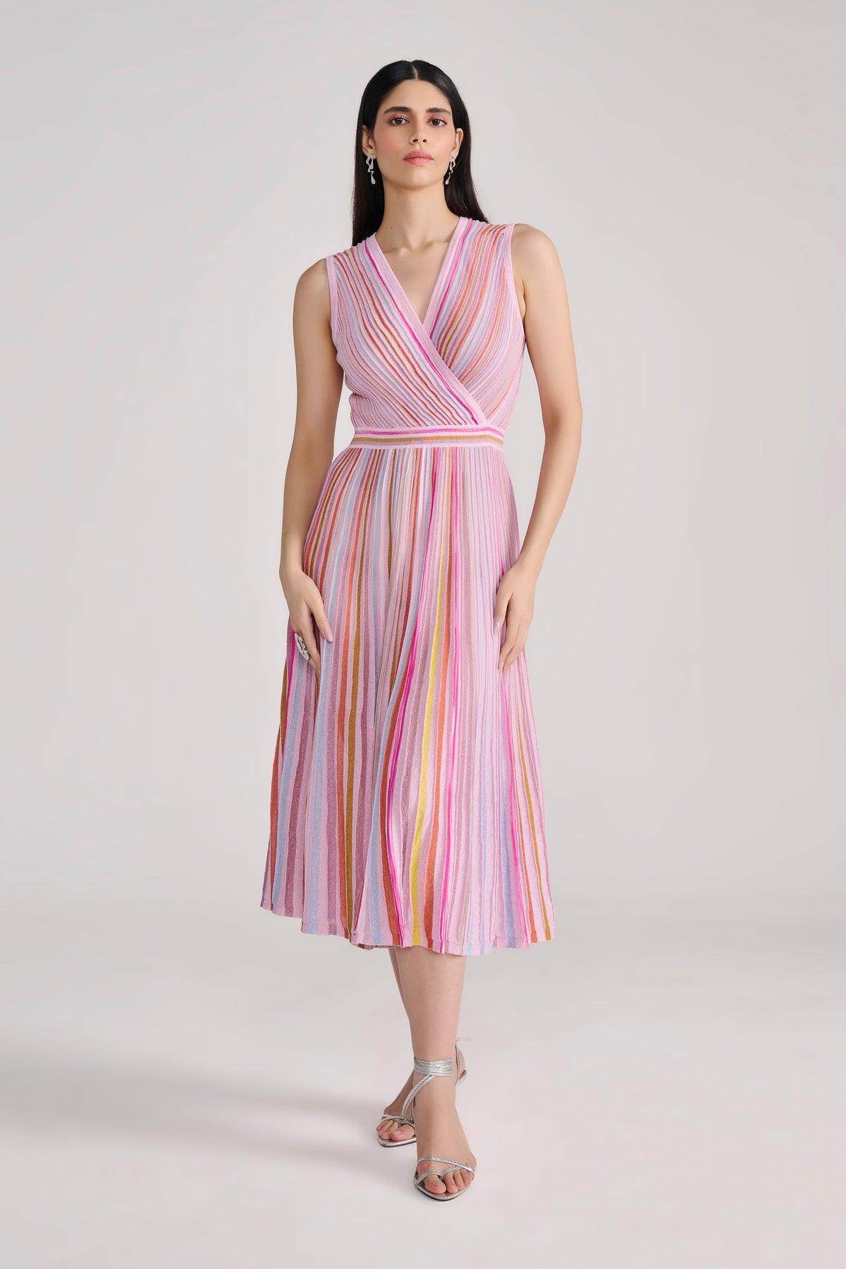 Pink Lurex Knit Midi Dress with Multi Stripes