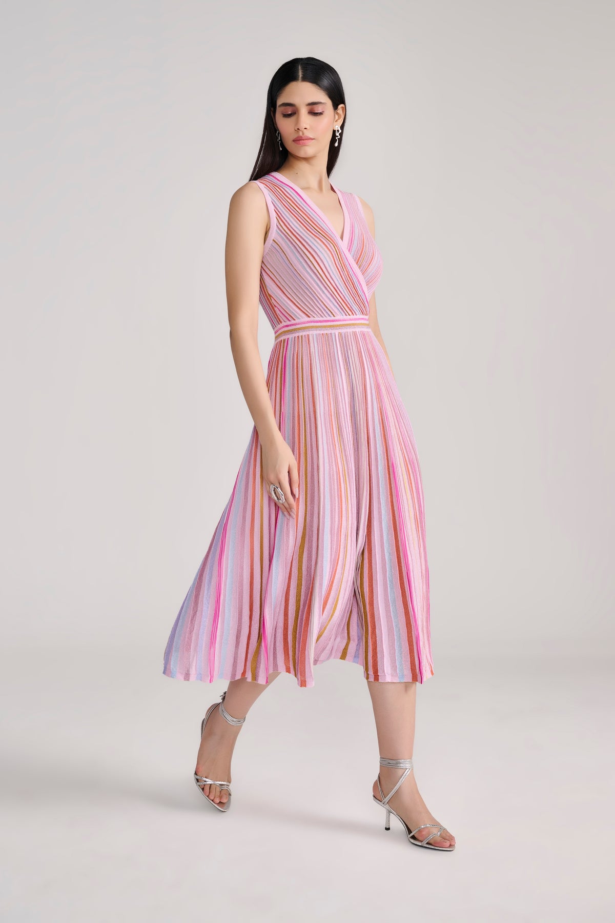 Pink Lurex Knit Midi Dress with Multi Stripes