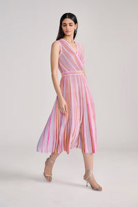 Pink Lurex Knit Midi Dress with Multi Stripes