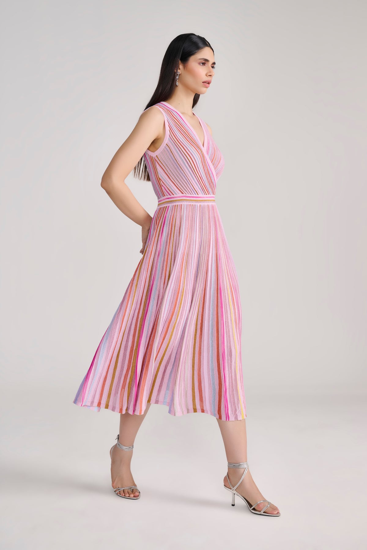 Pink Lurex Knit Midi Dress with Multi Stripes