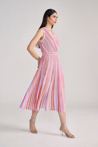 Pink Lurex Knit Midi Dress with Multi Stripes